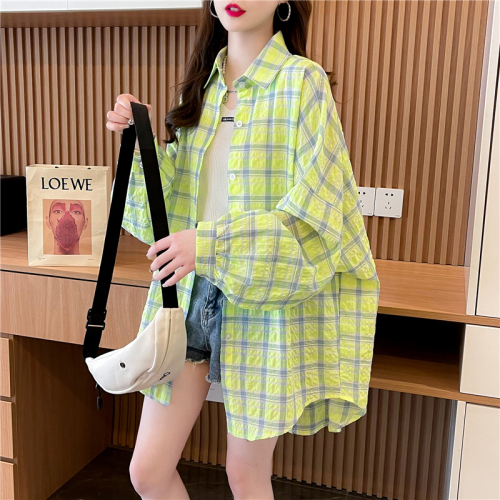 First release of 100 polyester plaid sun protection clothing women's shirt plus size fat mm top