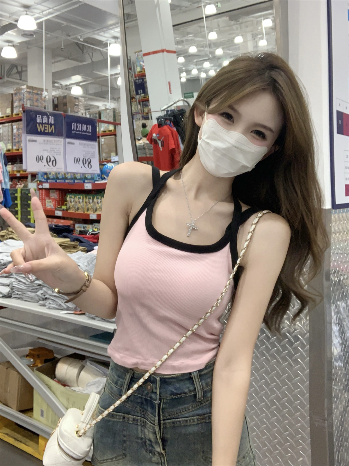 實拍 夏季韓版修身純欲掛脖撞色百搭吊帶背心上衣