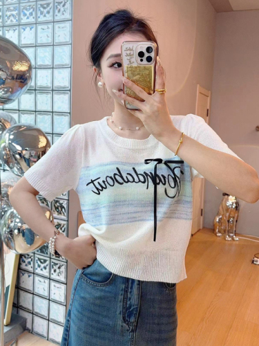 French sweet colorful bow ice silk sweater for women summer new loose slimming round neck puff sleeve top