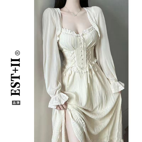 Summer tea break French fairy dress seaside vacation high-end suspender dress royal lady fragrance suit