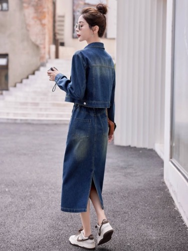 Autumn new women's clothing, retro temperament, fashionable slim denim short jacket, half-length skirt, two-piece suit