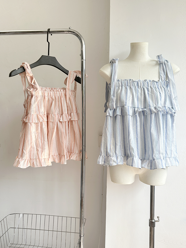Korean style age-reducing hot girl striped strap suspender top women's summer wear versatile loose babydoll shirt temperament shirt top