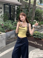 Real shot of dopamine letter printed small suspenders stacked slim short sleeveless outer top for women