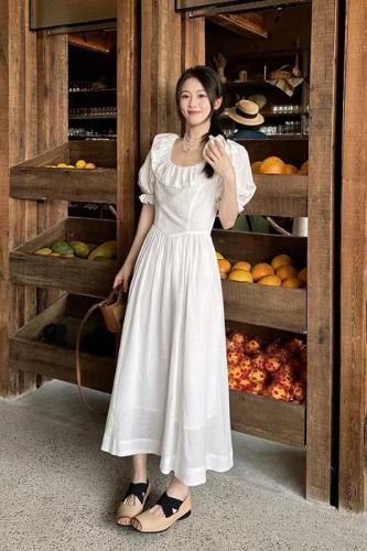 Real shot French puff sleeve dress summer high waist long skirt