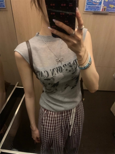 American cartoon cat pattern sleeveless hollow sweater T-shirt for women 2024 summer small inner top for women