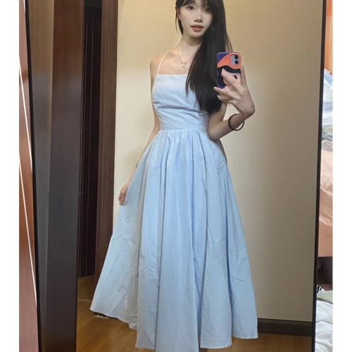 French blue suspender dress for women, summer texture, high-end, pear-shaped figure, seaside vacation beach long dress