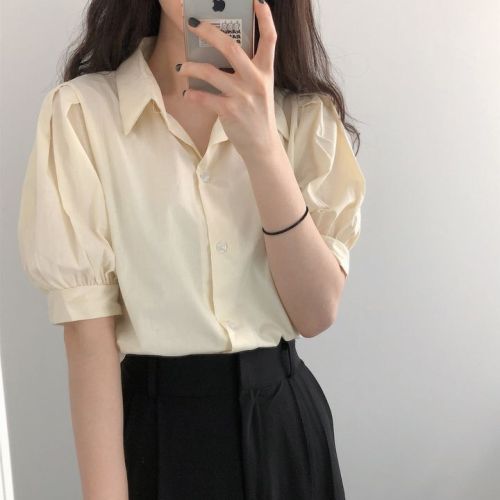 chic lapel puff sleeve shirt short sleeve women's top shirt