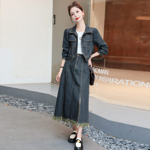 Autumn new women's clothing, retro temperament, fashionable slim denim short jacket, half-length skirt, two-piece suit