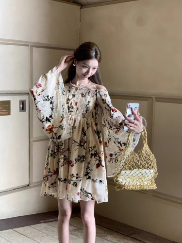 Florence Girl Double Print Dress One Shoulder Waist Slim Vacation Dress