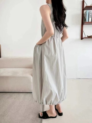 Korean Summer Nylon Workwear Dress Women's Summer Loose Pocket Waist Sleeveless Long Dress