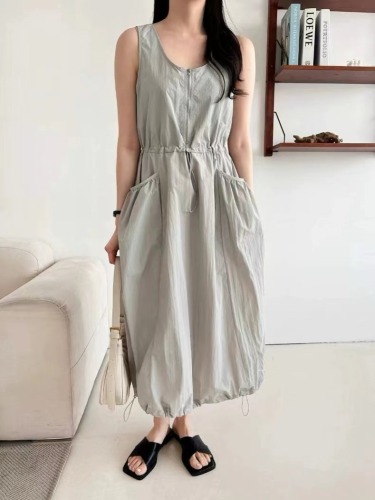 Korean Summer Nylon Workwear Dress Women's Summer Loose Pocket Waist Sleeveless Long Dress