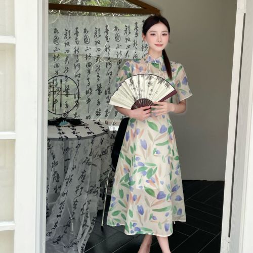 New Chinese style retro purple flower disc buckle cheongsam improved dress women's summer young style high-end temperament waist long skirt
