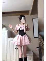 Black and pink contrasting bow tube top dress for women summer new sweet design diamond halterneck waist princess dress