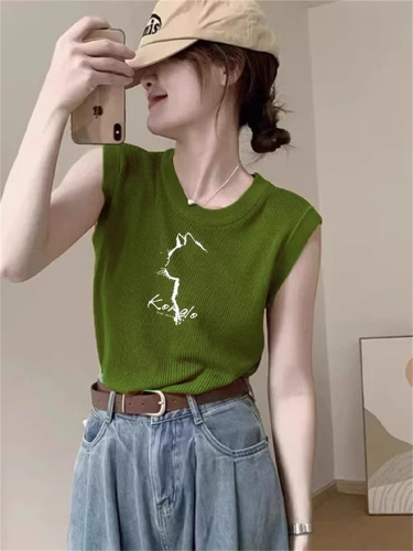 绿色短款冰丝无袖背心t恤女夏季设计感小众薄款宽松坎肩针织上衣