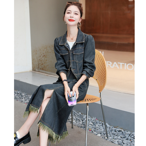 Autumn new women's clothing, retro temperament, fashionable slim denim short jacket, half-length skirt, two-piece suit