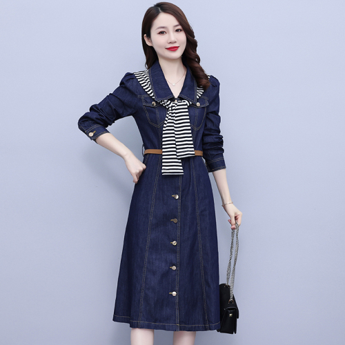 Waist stitching denim dress long new fashion loose long-sleeved slim shirt dress single-breasted