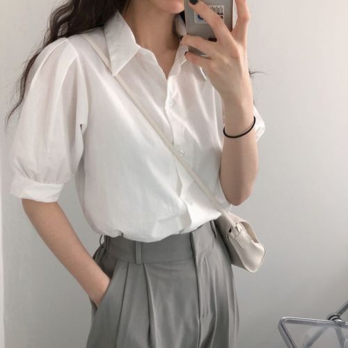 chic lapel puff sleeve shirt short sleeve women's top shirt