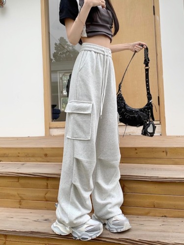 Real shot of high-density Minnie casual pants for women in spring new high-waisted loose wide-leg American sports pants