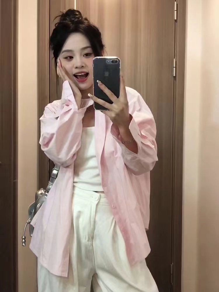 2024 New Japanese Solid Color Instagram Trendy Collar Long-Sleeve Shirt Minimalist Casual Top Outerwear