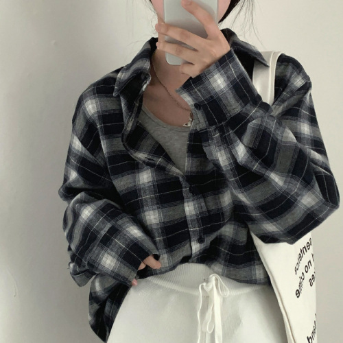 Korean chic autumn and winter BF style loose mid-length shirt plaid long-sleeved shirt