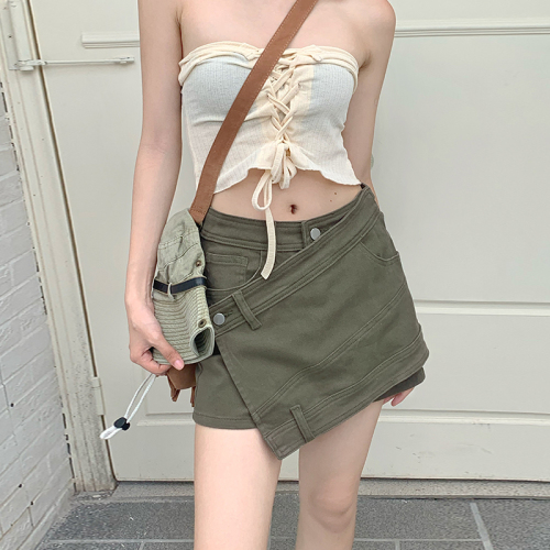 Irregular Hot Girl Army Green Denim Skirt Women's 2024 Summer Design High Waist Slim A-Line Shorts Skirt