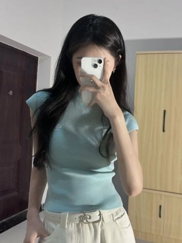 Pure desire blue half-high collar small flying sleeves right shoulder T-shirt women's summer tight slim fit knitted short top