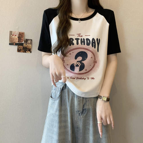 Actual shot of 2024 summer new style fat mm plus size women's casual fashion printed letter raglan short-sleeved T-shirt