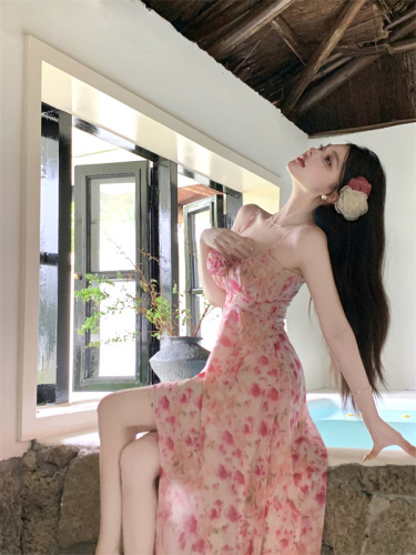 Real shot~ Three-dimensional flower seaside vacation floral suspender dress high-waisted summer temperament long dress for women