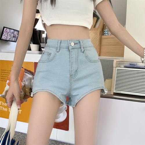 Hot girl sexy leg-lengthening denim shorts for women 2024 new high-waisted slimming irregular hip-covering super shorts trendy