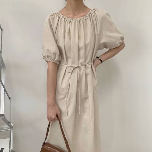Korean chic Dongdaemun summer temperament solid color one-shoulder loose lace-up waist puff-sleeve long dress