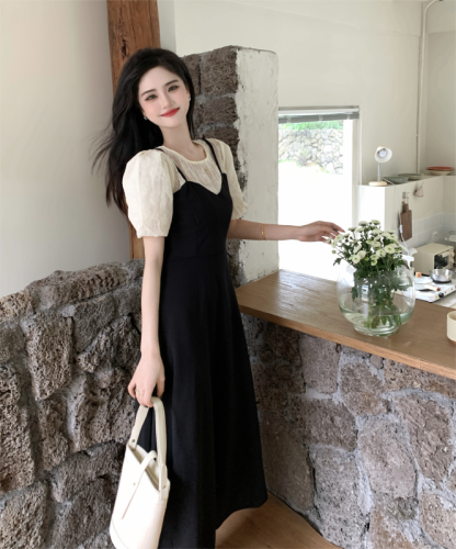 Real shot of plus size French sweet lady summer dress for women simple Korean style splicing fake two-piece long dress