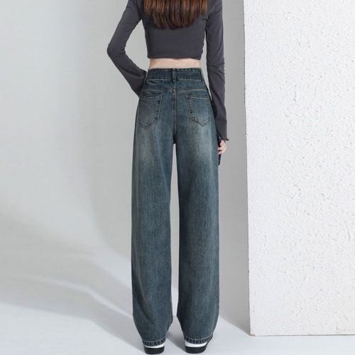 Nostalgic retro jeans for women, spring leather brand design chic style Korean style loose high waisted straight floor mopping pants