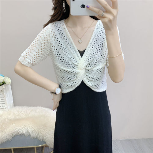 Suspender summer short shawl jacket ice silk knitted blouse hollow line women's thin sun protection