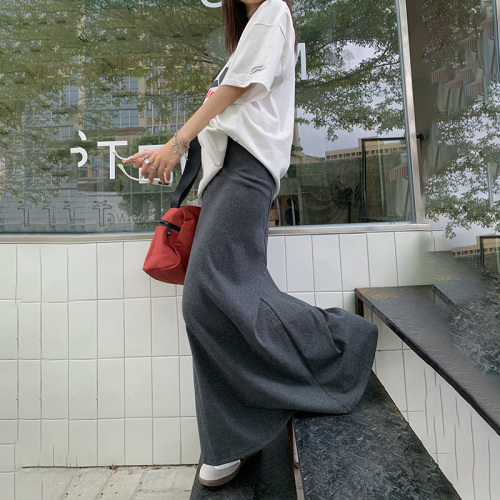 Actual shot of 2-color retro high-waist cover-span relaxed hip-covering skirt, drapey A-line skirt, versatile slimming casual long skirt