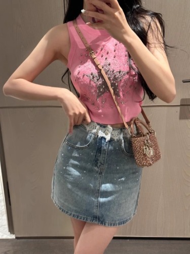 Tmall quality 2024 summer new niche design diamond embroidered five-pointed star vest base layer for women