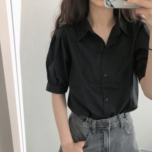 chic lapel puff sleeve shirt short sleeve women's top shirt