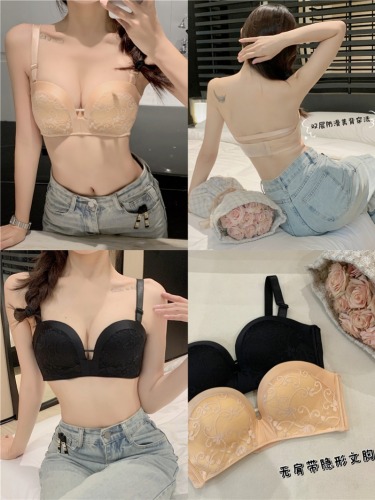 Real shot of strapless bra for small breasts, push-up non-slip no wire bra, one-line over-the-shoulder bra