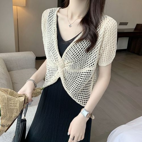 Suspender summer short shawl jacket ice silk knitted blouse hollow line women's thin sun protection