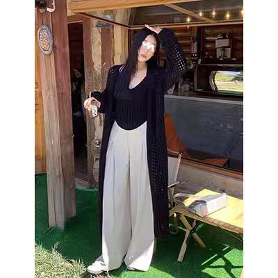 High-end knitted cardigan vest two-piece set for women summer hollow long top thin coat smock