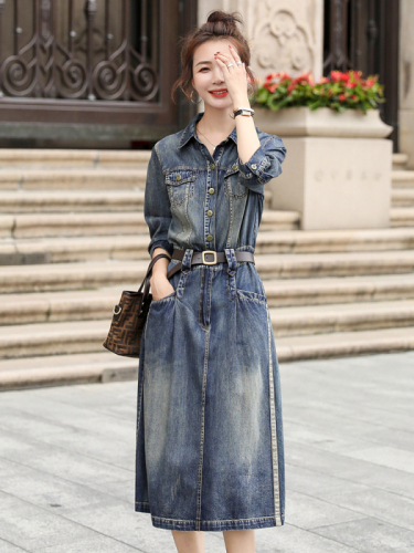 Early spring denim dress for women, spring and autumn new style European fashionable temperament, waist slimming, high-end shirt dress