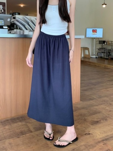 Actual shot of the new Korean style high-waisted slim and versatile washed linen cotton slit straight skirt