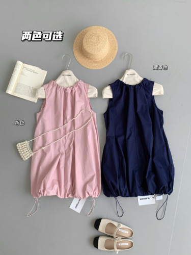 夏季法式圆领无袖背心裙女系带小个子纯色气质花苞裙连衣裙短裙子