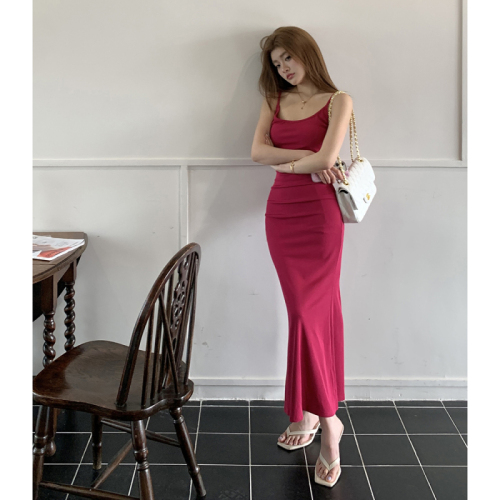 Actual shot of 2024 summer new style colorful dopamine sexy slim slim suspender skirt dress for women with hip-covering long skirt