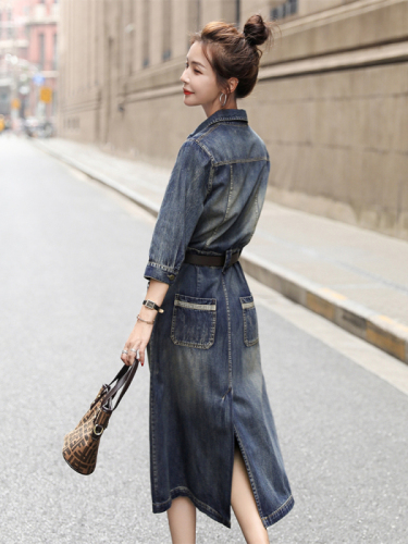 Early spring denim dress for women, spring and autumn new style European fashionable temperament, waist slimming, high-end shirt dress