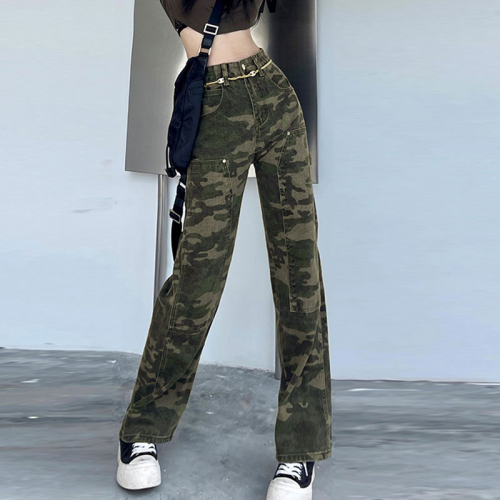 Camouflage overalls for women, American high street niche tie-dye high-waisted versatile pear-shaped wide-leg trousers, straight-leg jeans for women