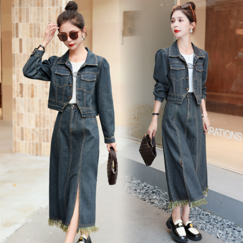 Autumn new women's clothing, retro temperament, fashionable slim denim short jacket, half-length skirt, two-piece suit