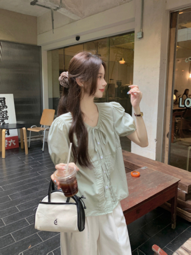 实拍！法式温柔风短袖衬衫夏季纯色气质减龄压褶甜美韩版上衣