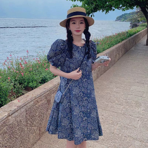 Retro printed puff sleeve dress for women summer 2024 new design niche chic slim round neck skirt