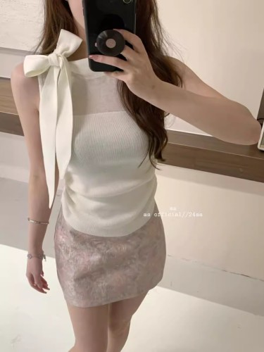 AS OFFICIAL Princess on the Run Bow Tie Vest Women's Spring and Summer Salt Style Inner Waist Knitted Top