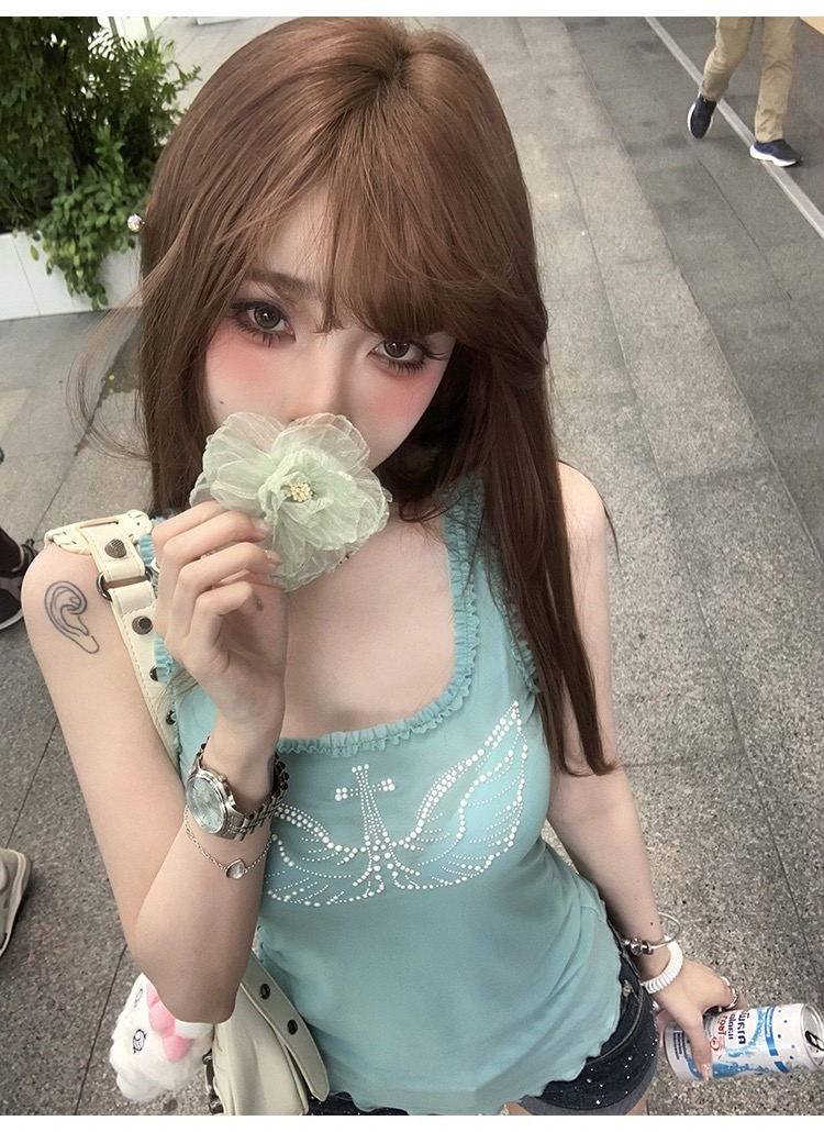Suuuicee Angel Dream Catcher spliced ​​fungus pure lust mesh sleeveless vest for women multi-color sexy top